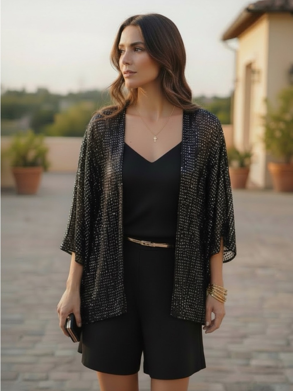 Vintage Francine Browner Black Metallic Batwing Open-Front Shrug